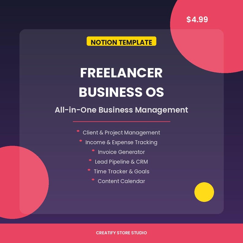 Puede incluir: Una plantilla digital de Notion titulada Freelancer Business OS, con texto blanco sobre un fondo morado oscuro. Enumera funciones como gesti&oacute;n de clientes y proyectos, seguimiento de ingresos y gastos, generador de facturas, CRM, control de tiempo y calendario de contenido.