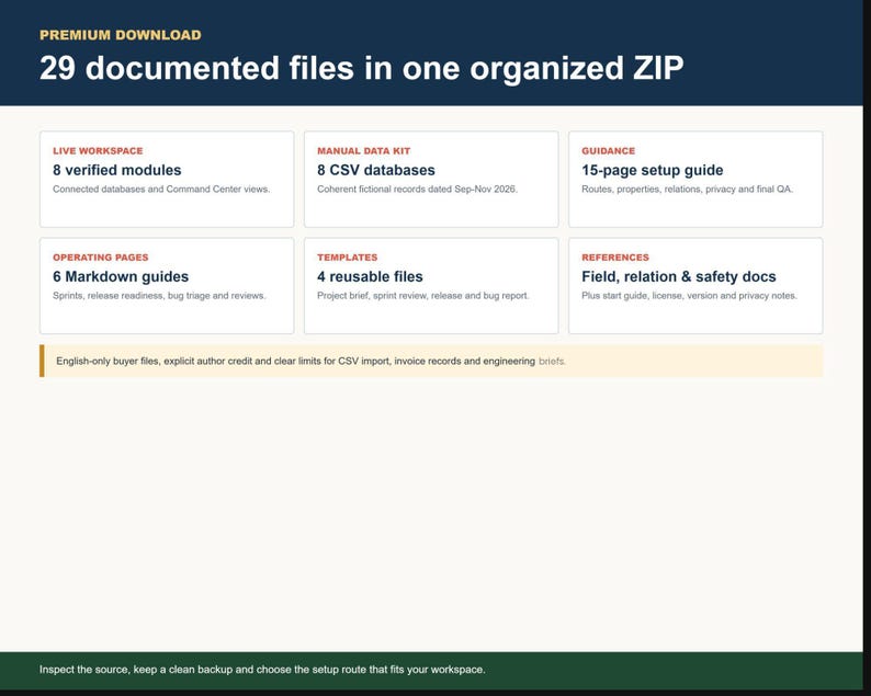 Indie Builder OS package contents showing 29 files including workspace, templates and guides
