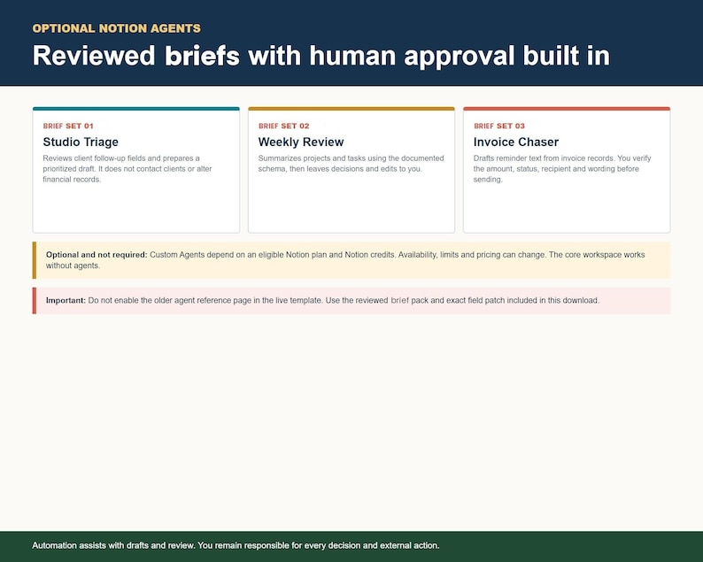 Dev Studio OS three optional Notion agent sets for triage, review and invoice follow-up