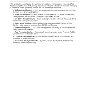 May include: A document titled AI Multi-Agent Automation Blueprint Premium Edition 2026, listing features including 16 deep-dive chapters, 7 specialized agents, 50 plus battle-tested prompts, smart model routing, self-modifying code, and deployment guides.