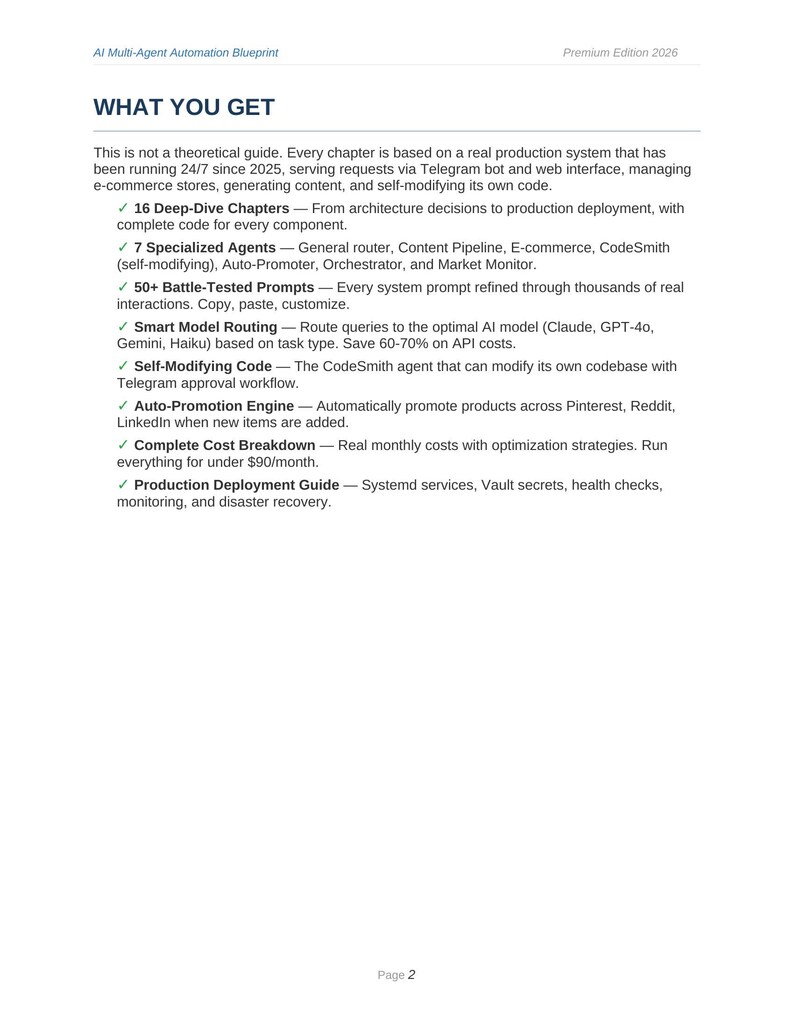 May include: A document titled AI Multi-Agent Automation Blueprint Premium Edition 2026, listing features including 16 deep-dive chapters, 7 specialized agents, 50 plus battle-tested prompts, smart model routing, self-modifying code, and deployment guides.