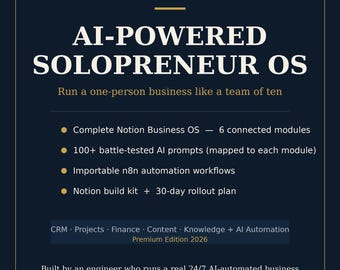AI-Powered Solopreneur OS | Notion Business Template, CRM, Finance, Content (Digital Download)