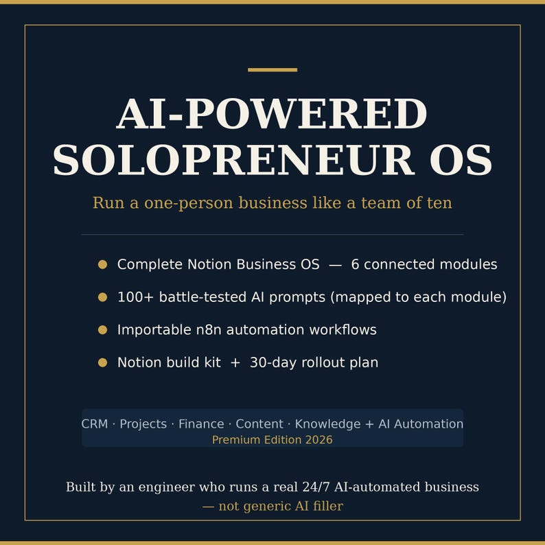 K&ouml;nnte beinhalten: Eine dunkelblaue digitale Produktgrafik mit dem Titel AI-POWERED SOLOPRENEUR OS. Sie listet Funktionen auf, darunter ein Notion Business OS mit 6 Modulen, 100+ KI-Prompts, n8n-Automatisierungs-Workflows und einen 30-Tage-Einf&uuml;hrungsplan.