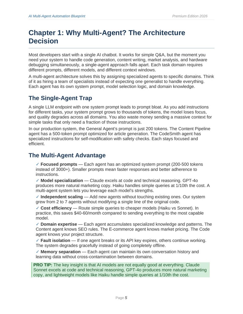 May include: A document titled AI Multi-Agent Automation Blueprint Premium Edition 2026, page 5. It features Chapter 1: Why Multi-Agent? The Architecture Decision, discussing the single-agent trap and the multi-agent advantage with bulleted points.