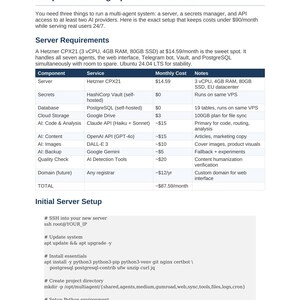 May include: A document page titled Chapter 3: Setting Up Your Infrastructure, detailing server requirements for a multi-agent system. It includes a table listing components like Server, Secrets, Database, and AI services with associated monthly costs.