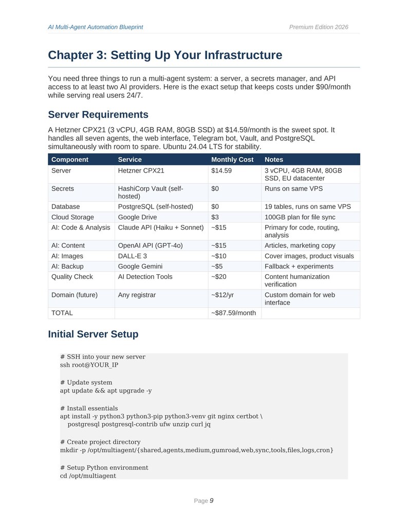 May include: A document page titled Chapter 3: Setting Up Your Infrastructure, detailing server requirements for a multi-agent system. It includes a table listing components like Server, Secrets, Database, and AI services with associated monthly costs.