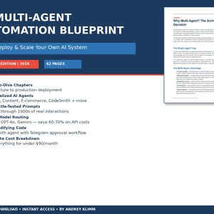 Könnte beinhalten: Ein digitaler Download mit dem Titel "AI Multi-Agent Automation Blueprint". Das Cover zeigt Text in Weiß und Blau, einschließlich "Build, Deploy & Scale Your Own AI System". Es hebt 16 Kapitel, 7 KI-Agenten und kampferprobte Prompts hervor. Die Ausgabe ist von 2026, mit 62 Seiten.