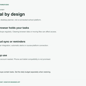 Op de afbeelding: Een wit informatiedocument getiteld Local by design, met details over functies voor een desktop-planner. De tekst bevat: Your browser holds your tasks, No cloud sync or reminders, Desktop use en JSON backups contain tasks. Voettekst: DEADLINE RESET / DESKTOP BROWSER APP.