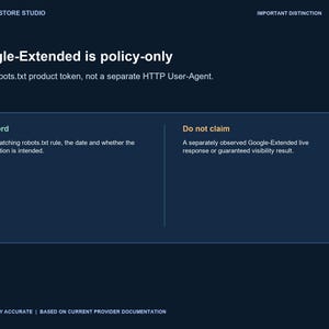 May include: A dark blue informational slide titled Google-Extended is policy-only. It explains that Google-Extended is a robots.txt product token, not a separate HTTP User-Agent. The slide includes two columns: Record and Do not claim.
