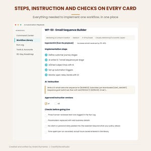 Workflow card for Email Sequence Builder with implementation steps, AI instruction, approved versions and pre-launch checks