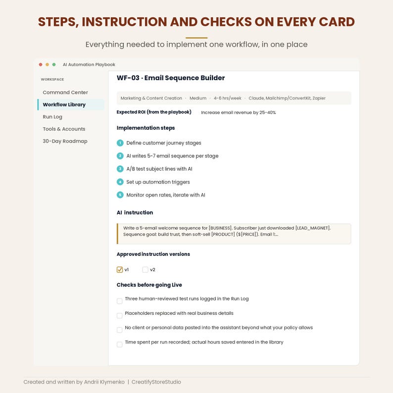 Workflow card for Email Sequence Builder with implementation steps, AI instruction, approved versions and pre-launch checks