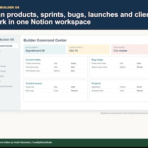 Indie Builder OS Notion Template | Developer Project, Sprint, Bug & Launch Tracker