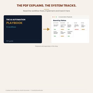 The AI Automation Playbook PDF paired with the Notion system Board by Status, playbook sold separately