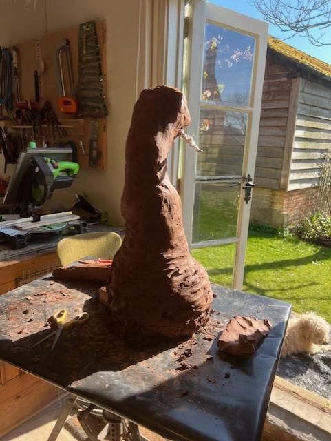Large Otter with fish Sculpture - view 2 by Kate Cledwyn