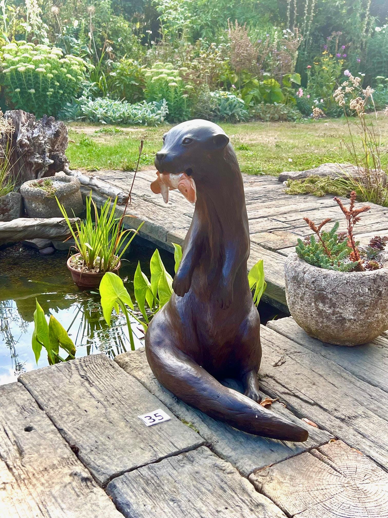 Large Otter with fish - Bronze Resin Sculpture by Kate Cledwyn