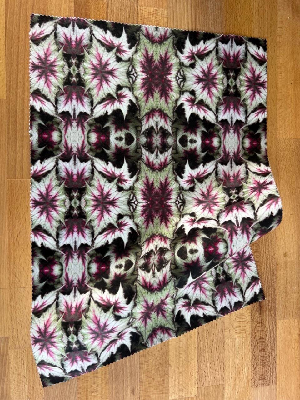 Abstract flower velvet fabric, purple floral textile. Bold designer fabric, contemporary luxury material for home decor. Curtaining.