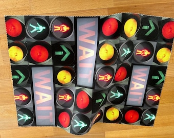 WAIT, designer velvet by the metre, upholstery, home furnishings, bold red, yellow and green, abstract urban theme.