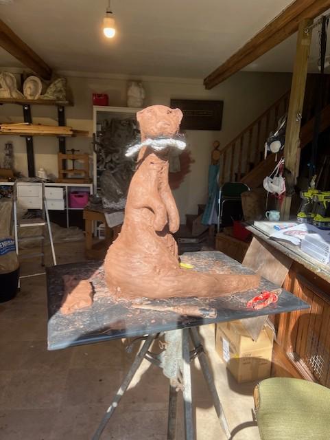 Large Otter with fish Sculpture - view 4 by Kate Cledwyn