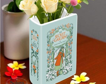 The Secret Garden Ceramic Book Vase, Book-Shaped Flower Holder, Literary Decor, Gift for Readers & Teachers, Gifts for book lovers