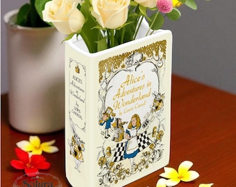 Alice in Wonderland Ceramic Book Vase, Book-Shaped Flower Holder, Literary Decor, Gift for Readers, Teachers & Book Clubs, Cottagecore