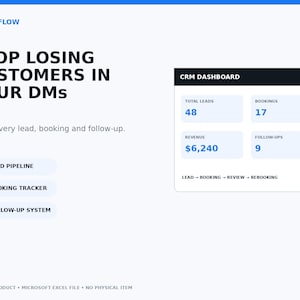 Könnte beinhalten: Eine digitale CRM-Dashboard-Oberfläche mit dem Titel DETAILFLOW und dem Text STOP LOSING CUSTOMERS IN YOUR DMs. Sie zeigt Kennzahlen für 48 Leads, 17 Buchungen, 6.240 $ Umsatz und 9 Follow-ups sowie einen Workflow von Lead bis zur Neubuchung.