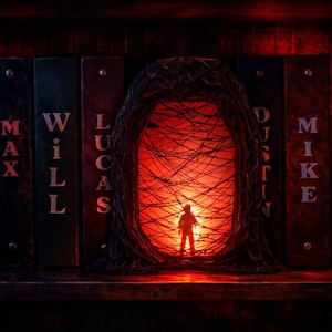 Puede incluir: Una estantería decorativa con un portal central iluminado y una silueta. Libros oscuros con los nombres: MAX, WILL, LUCAS, DUSTIN y MIKE flanquean el portal. La escena está bañada en un cálido resplandor rojizo.