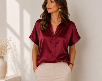 Satin Blouse Women Silk Feel Button Down Shirt Elegant Office Top Quiet Luxury Blouse Old Money Aesthetic Clothing