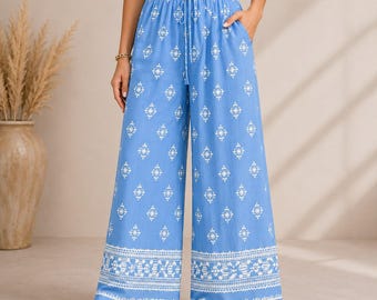 Floral Wide Leg Pants for Women High Waisted Palazzo Pants Drawstring Summer Beach Trousers Casual Vacation Resort Lounge Bottoms