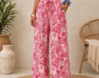 Women’s Flowy Palazzo Pants, Boho Printed Wide Leg Trousers, Elastic Waist Casual Beach Pants with Pockets