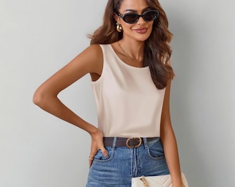 Women’s Satin Camisole Top, Scoop Neck Sleeveless Blouse, Casual Summer Tank Shirt, Elegant Basic Cami