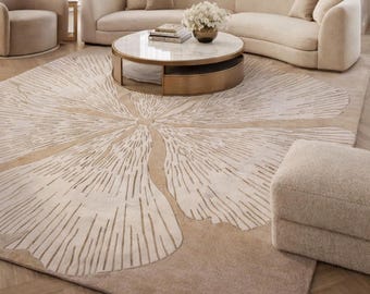 Luxury Hand Tufted Wool Floral Abstract Rug 8x10, Neutral Modern Living Room Carpet