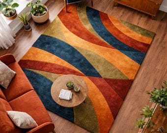 Mid-Century Modern Area Rug – Geometric Rainbow, Boho Decor