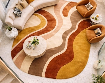 Alfombra moderna de mediados de siglo / Ondas retro, tonos tierra