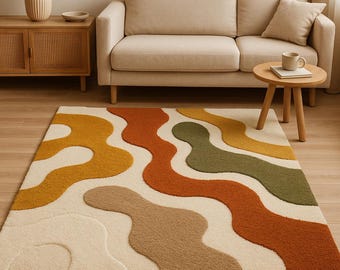 Hand Tufted Wool Rug – Modern Abstract Wave Design, Multi-Color