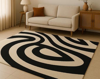 Hand-Tufted Wool Rug | Black & Cream Abstract Wave Design