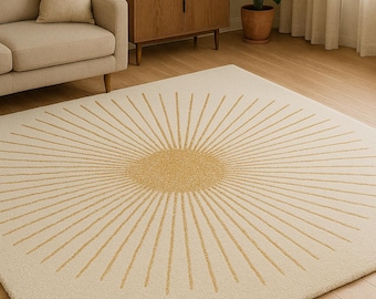 Hand Tufted Wool Rug – Modern Golden Sunburst Design