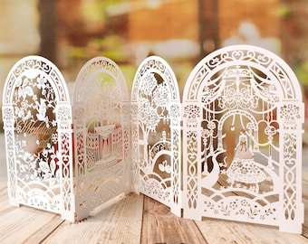 Carte pop-up 3D pour mariage découpée au laser | Mariés et mariés élégants | Sculpture de luxe en papier à quatre panneaux avec pli en dentelle | Cadeau d'anniversaire de mariage romantique
