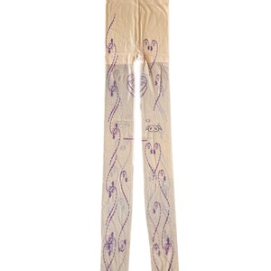 May include: Sheer beige tights with a repeating purple heart and swirl pattern. The tights have a reinforced toe and a label with the number 13 and a small graphic. A stylish and unique fashion accessory.