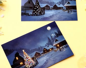 Puede incluir: Dos tarjetas navideñas con una escena de un pueblo nevado bajo un cielo estrellado. Una tarjeta muestra un árbol de Navidad decorado, la otra un árbol oscuro. Las tarjetas tienen un tema invernal.