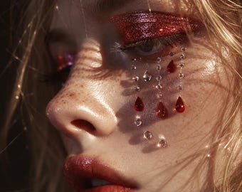 Puede incluir: Un rostro con pecas que luce una sombra de ojos roja brillante con purpurina en los párpados. Debajo del ojo, delicados hilos de cristales transparentes y pequeñas gemas rojas en forma de lágrima imitan la apariencia de lágrimas cayendo.