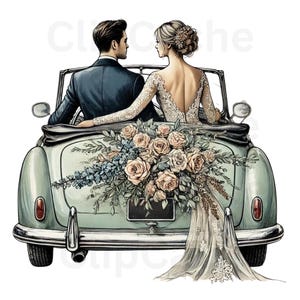 12 Wedding Car Couple Clipart, Just Married Wedding Car, High Quality PNGs, Printable Art, Digital Download, Paper Craft, Junk Journal