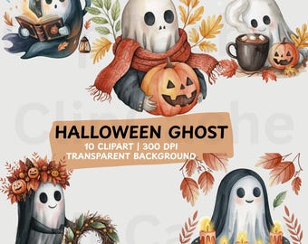 Cute Halloween Ghost Clipart Bundle | Watercolor PNG Witches, Spooky ...