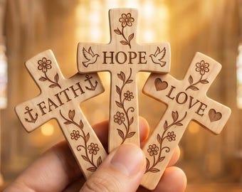 Cruz de Fe, Esperanza y Amor SVG, archivo de corte láser para Glowforge, diseño de cruz floral grabada, regalo de bautismo LightBurn Descarga digital