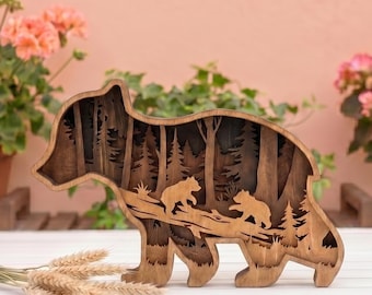 Oso 3D en capas SVG / Oso multicapa para corte láser / Arte mural de madera con escena de bosque / Archivos Glowforge / Arte en capas de madera contrachapada / Descarga digital