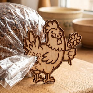 Op de afbeelding: Een lichtgekleurde houten broodzakclip in de vorm van een cartoonkip die een bloem vasthoudt. De kippenfiguur heeft gegraveerde details en is bevestigd aan een doorzichtige plastic zak met een donker brood met zichtbare zaden op de korst.