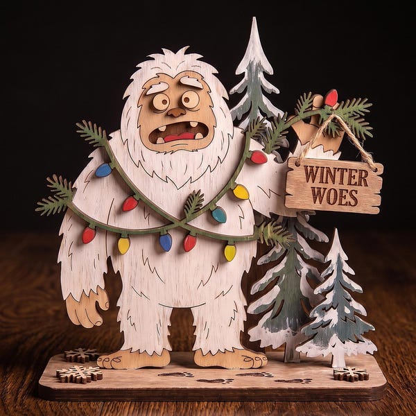 Funny Christmas Bigfoot SVG Laser Cut File, Multi-Layer Winter Woes Yeti 3D Glowforge Pattern, Layered Wood Art