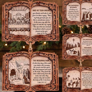 May include: A set of five laser-cut wooden book-shaped ornaments featuring engraved biblical scenes and text. Each piece depicts narratives like the Last Supper, the Resurrection, and the Nativity, with intricate border details and hanging twine.
