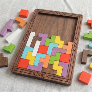 Houten pentomino-puzzel lasergesneden bestand, Tetromino Block bordspel SVG, Brain Teaser digitale download, gelaagde lade puzzel SVG voor Glowforge