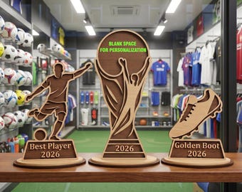 Archivo SVG de trofeo de fútbol cortado con láser, premio de fútbol en capas SVG, Bota de Oro al mejor jugador 2026, plantilla vectorial 3D, descarga digital Glowforge