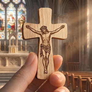 May include: A light-coloured wooden crucifix featuring a detailed laser-engraved depiction of Jesus Christ on the cross. The wood grain is visible across the surface of the cross, which has rounded edges and a smooth, polished finish throughout.